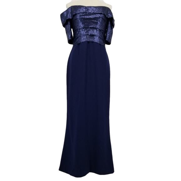 Rene Ruiz Collection Evening Dress 4 Sequins Off The Shoulder Column Navy Blue - Picture 2 of 16
